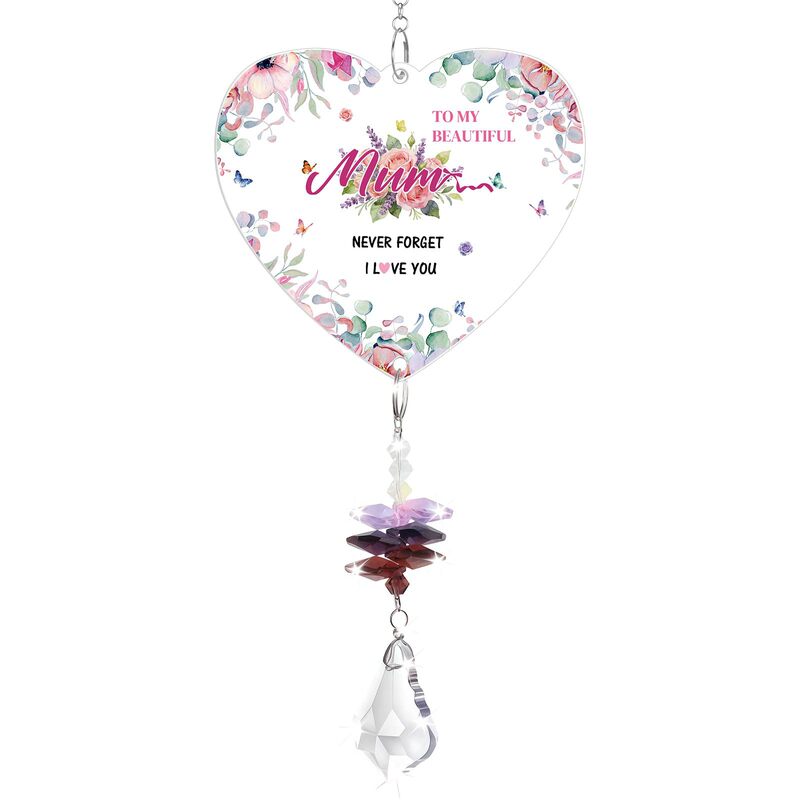 Colored Glass Pendant Mother's Day Gift Acrylic Heart-Shaped "Mum" Engraved Pendant Heart-Shaped Sun Catcher Pendant
