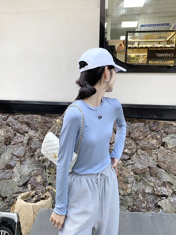莫代尔面料修身圆领长袖打底衫面膜t恤女 秋冬内搭简约薄款上衣潮|undefined