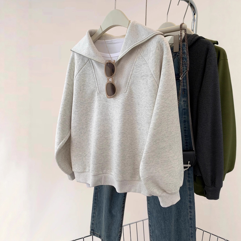 Gray Half-Zip Lapel Hooded Pullover Sweatshirt for Women Spring & Fall 2025 New Loose Small Outwear Top Gray Half-Zip Lapel Hooded Pullover Sweatshirt for Women Spring & Fall 2025 New Loose Small Outwear Top