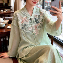 南油桑蚕丝新中式防晒衫女欧根纱提花鱼戏莲刺绣对襟盘扣国风上衣