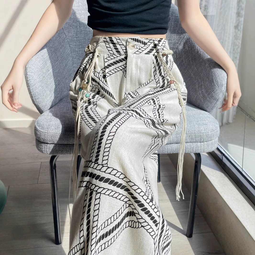 Льняные широкие брюки в этническом стиле для женщин, летние тонкие повседневные брюки из ледяного шелка с высокой талией и свободной драпировкой