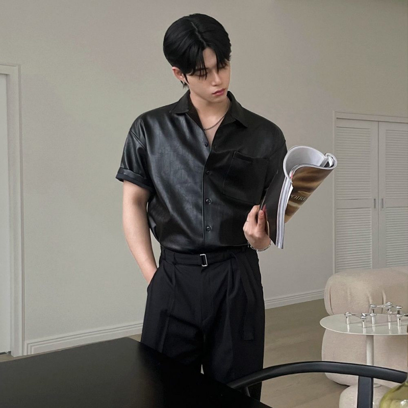 MYQ Advanced Sense Short Sleeve Shirt Men's Summer Loose Casual Shirt Korean Style Fashionable Lapel Half Sleeve Leather Clothes