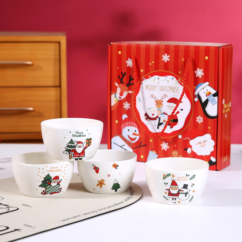 Christmas Ceramic Tableware suit Cartoon Ceramic Bowl Santa Claus 4 Bowl Combination Festival Gift Accompanying Gift