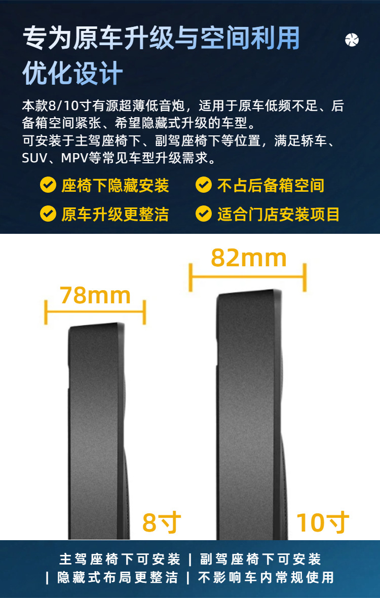 Car-Mounted 12V Ultra-Thin Subwoofer with Multi-Color Aluminum Shell, Active Under-Seat Bass Speaker Upgrade, Direct Supply from Oem Factory