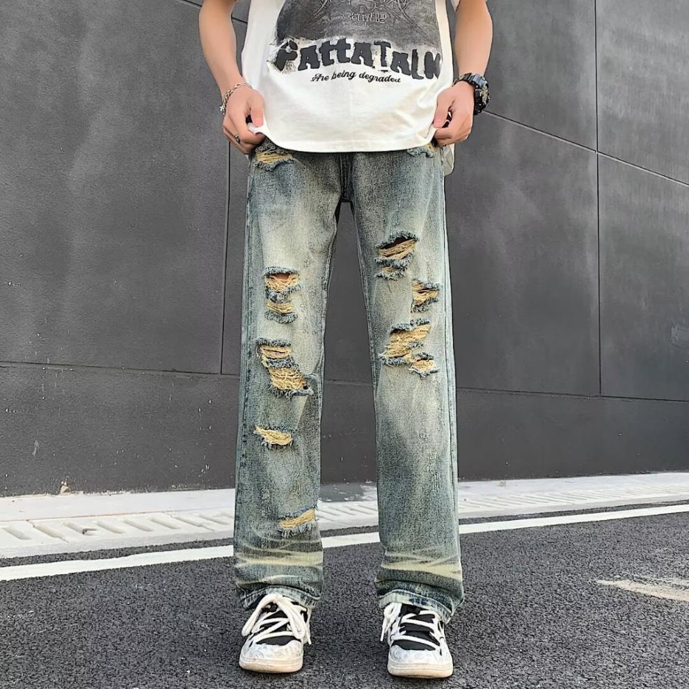 boy Ripped Jeans For Men, Trendy Brand, European And American Street Style Pants, Vintage High Street, Distressed Washed_viptrois.com