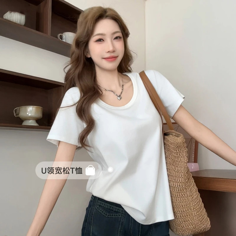 Carefully Selected Loose U-Neck Short-Sleeved T-Shirt for Women, New Summer Style, Lazy Style, Versatile Casual Solid Color Top, 92 Pure Cotton T-Shirt Carefully Selected Loose U-Neck Short-Sleeved T-Shirt for Women, New Summer Style, Lazy Style, Versatile Casual Solid Color Top, 92 Pure Cotton T-Shirt