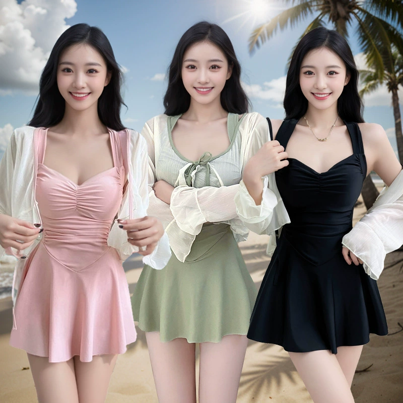 Цельный купальник для женщин, скрывающий живот, стройнящий, скромный, новый летний стиль 2025 года, элитный, с длинными рукавами, для полных, для горячих источников.