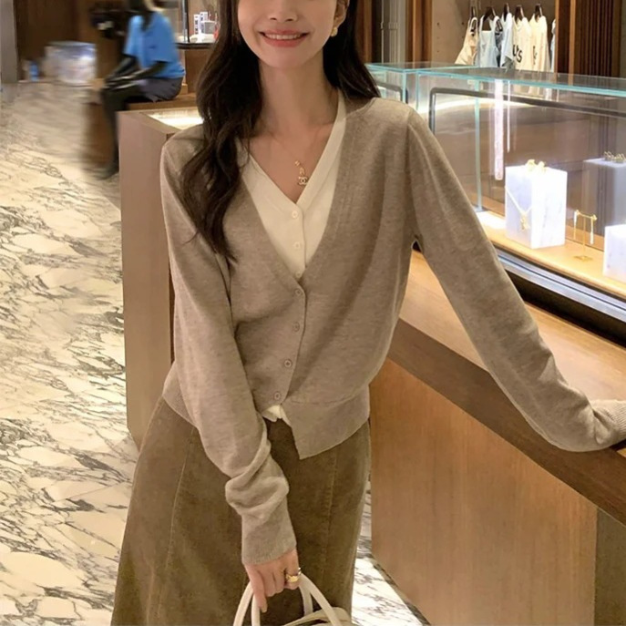 复古收藏家 V领假两件针织开衫女宽松气质薄款外套上衣