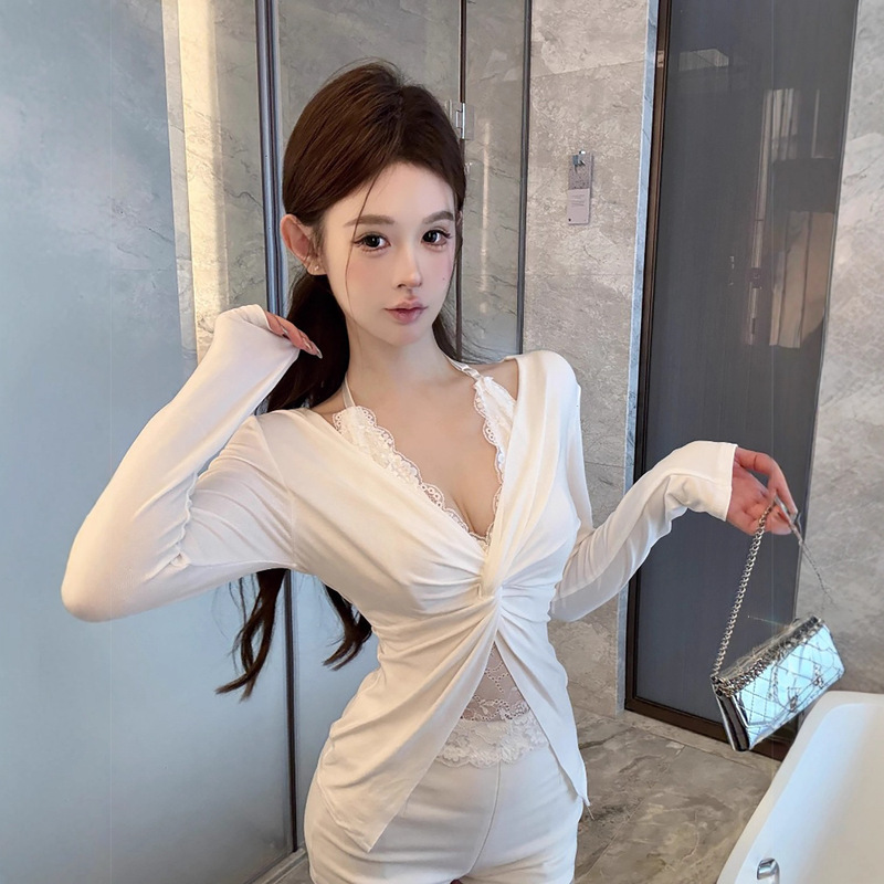 Early Autumn Unique Pure Desire Sexy Lace V-Neck Twist Bottoming Shirt Women's Design French Fake Two-Piece Long-Sleeved Top