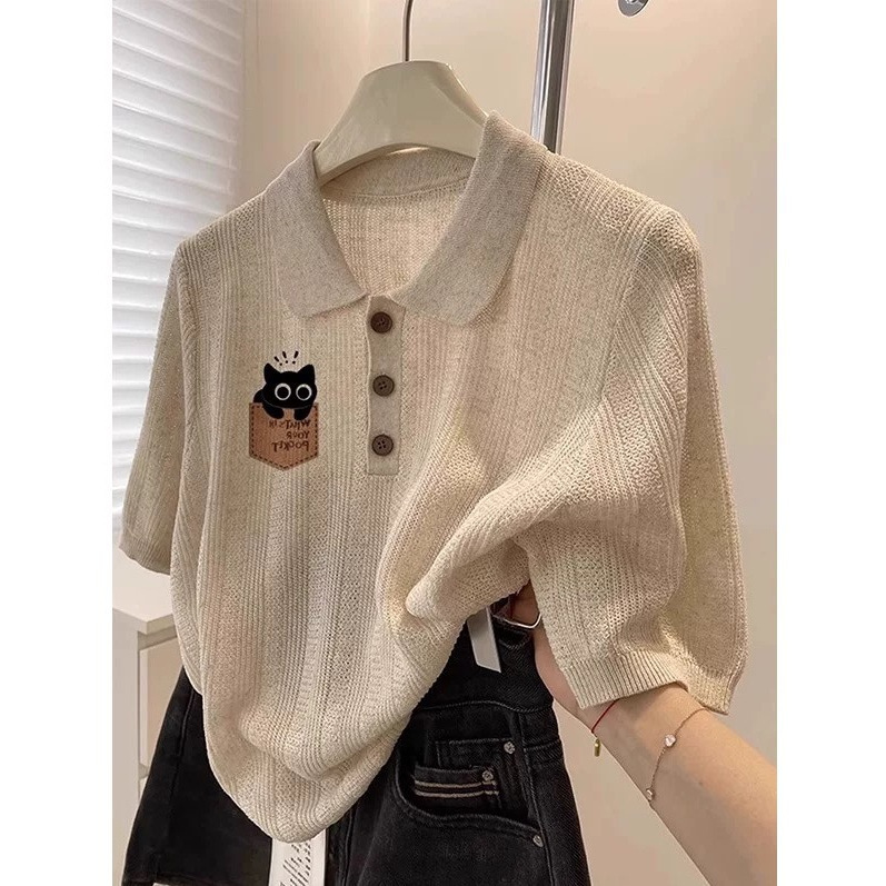 Japanese-Style Super Stylish Embroidered Short-Sleeve Knit Cardigan with a Turn-Down Collar, Summer 2026, Slimming, Versatile, Age-Reducing, Petite-Friendly Top Japanese-Style Super Stylish Embroidered Short-Sleeve Knit Cardigan with a Turn-Down Collar, Summer 2026, Slimming, Versatile, Age-Reducing, Petite-Friendly Top