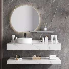 简约风浴室岩板双层下挂洗脸盆柜 洗手池组合小户型一体式洗手台