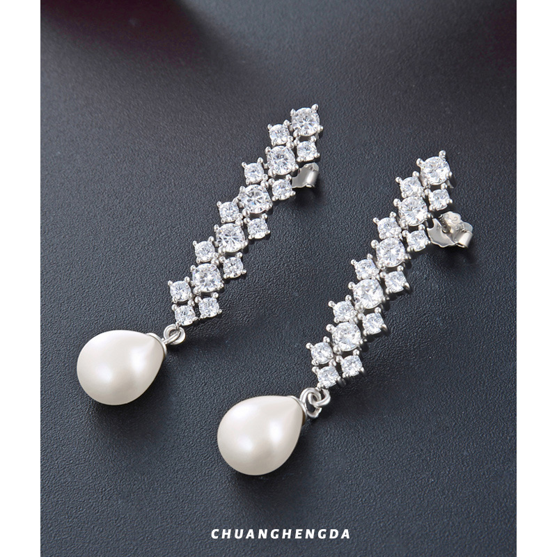 Temperamento coreano retro largos pendientes de zircón pendientes de perlas de plata esterlina S925 pendientes de perlas de diamante pendientes personales rojos