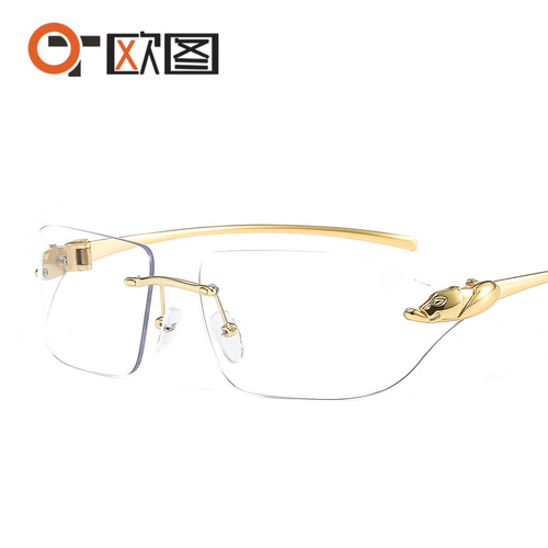 Metal leopard head decoration cross-border hot-selling frameless side shield curved sunglasses colorful fashion retro men's and women's sunglasses