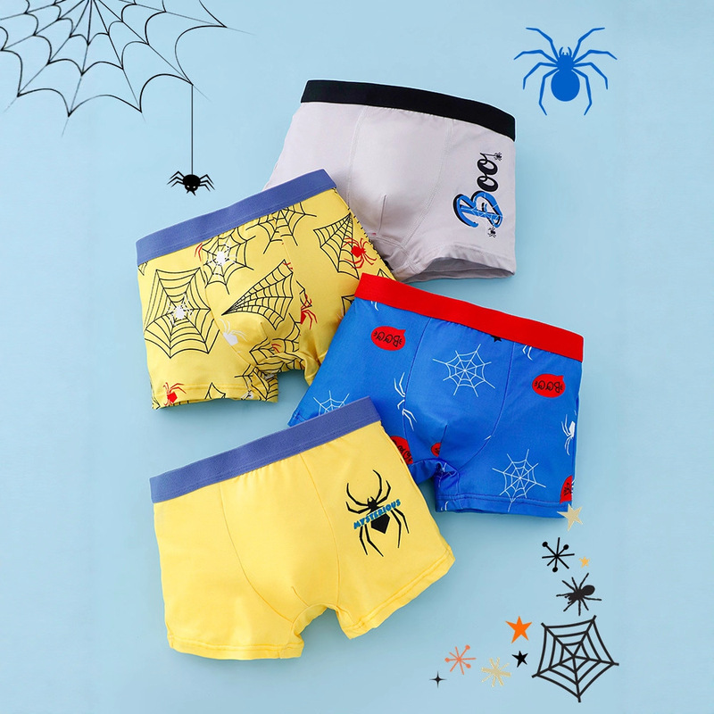 4Pcs Boys' Knitted Spider Print Casual Loose Boxer Shorts, Non-Abrasive Crotch, Can Be Worn in Four Seasons