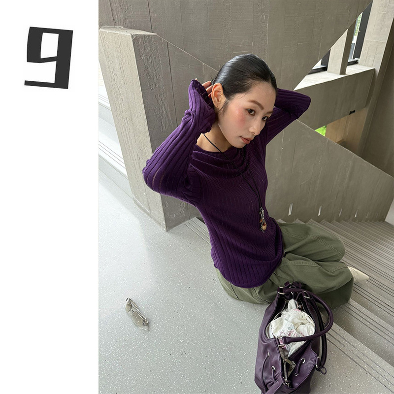 [9hour] Vintage Deep Purple Vertical Striped Knit Sweater Slim Fit Round Neck Thin Ribbed Stretch Slimming Top M5788