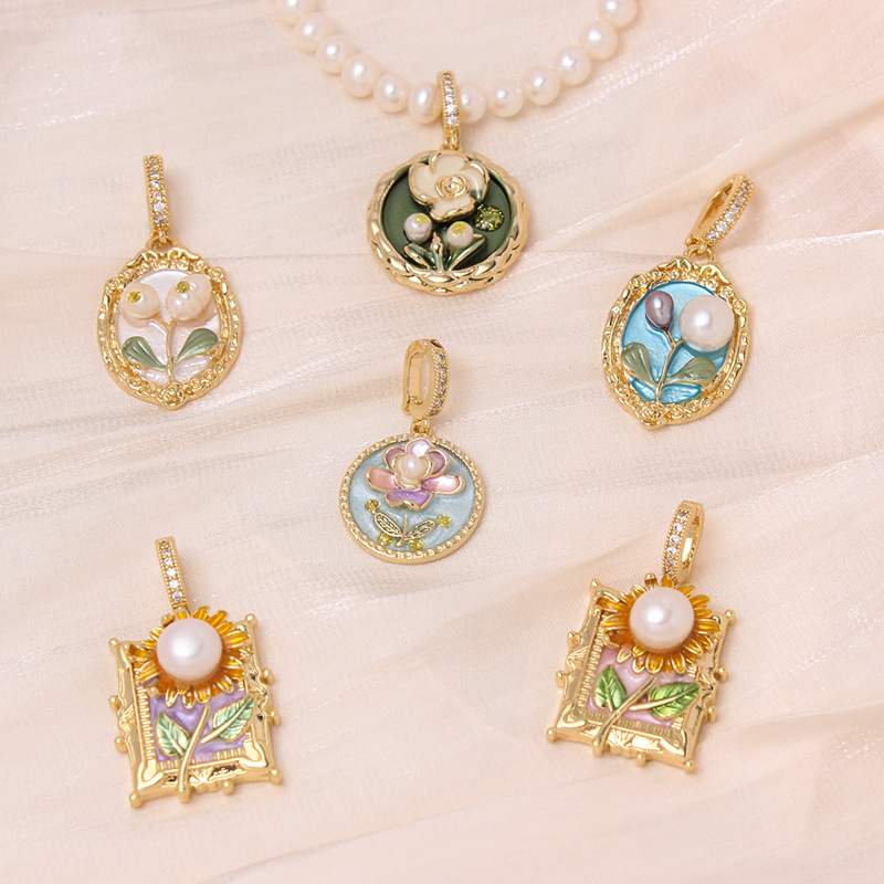 6g Weight Pendant Jewelry Making Type DIY Ornament Accessories Classification 1 Piece Quantity Freshwater Pearl, Copper Material Flower Pattern All Seasons Season Enamel Design Chinoiserie, Classical Style 1 Piece Freshwater Pearl Copper Flower Pendant 5