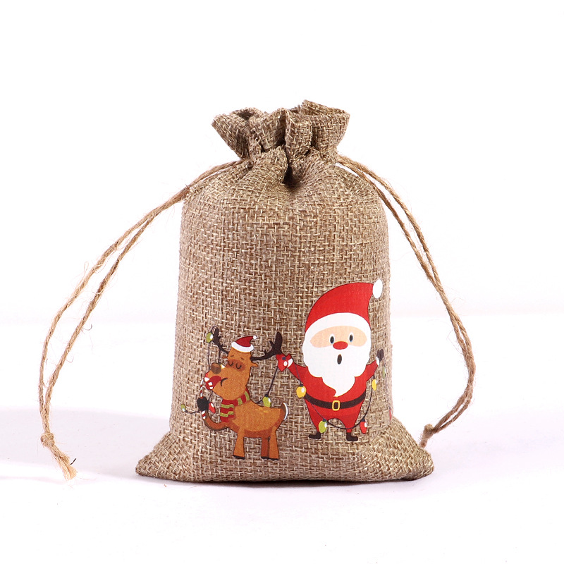 Bolsa de regalo de lino de Navidad al por mayor decoración de la fiesta de Navidad pequeña bolsa de tela cordón bolsa de tela de cáñamo ventas directas de fábrica