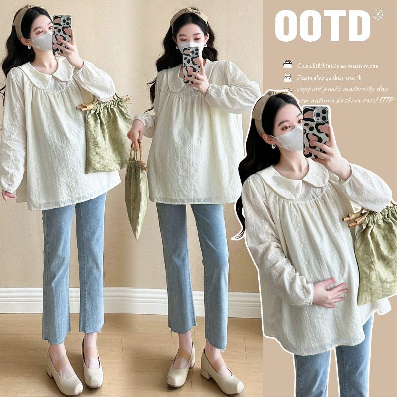Рубашки для беременных весной 2025 новая корейская версия с вышивкой и воротником