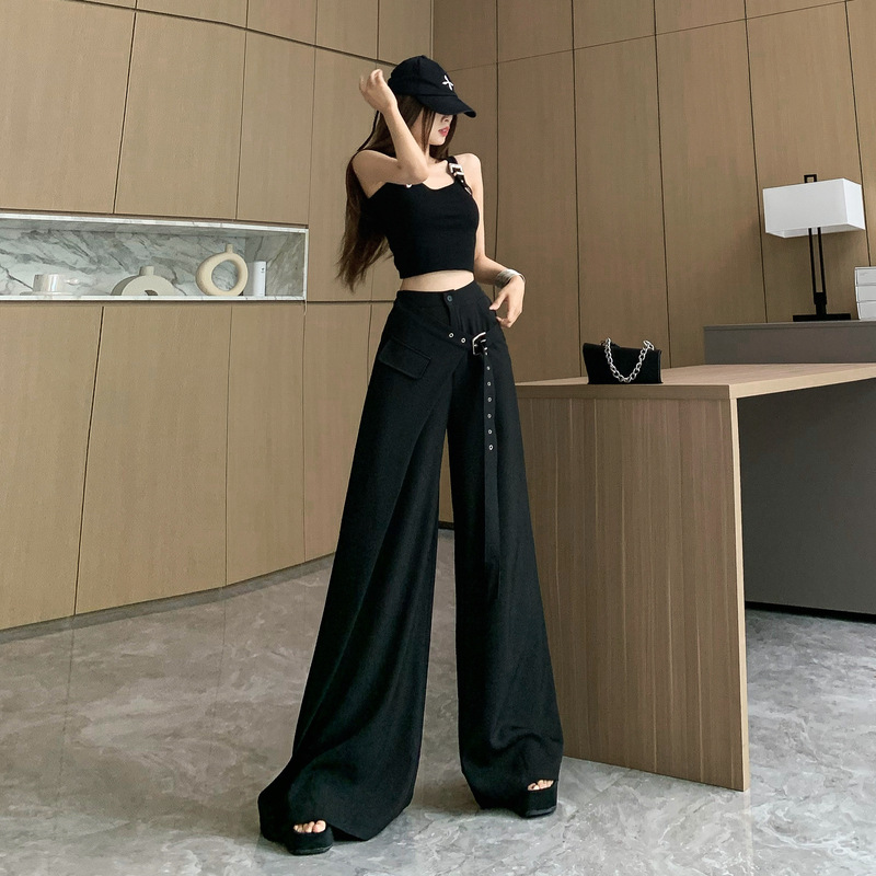 Asymmetrical Foldable American-Style Suit Pants for Women, Black Slimming Wide-Leg Pants, Trendy Casual Straight-Leg Trousers