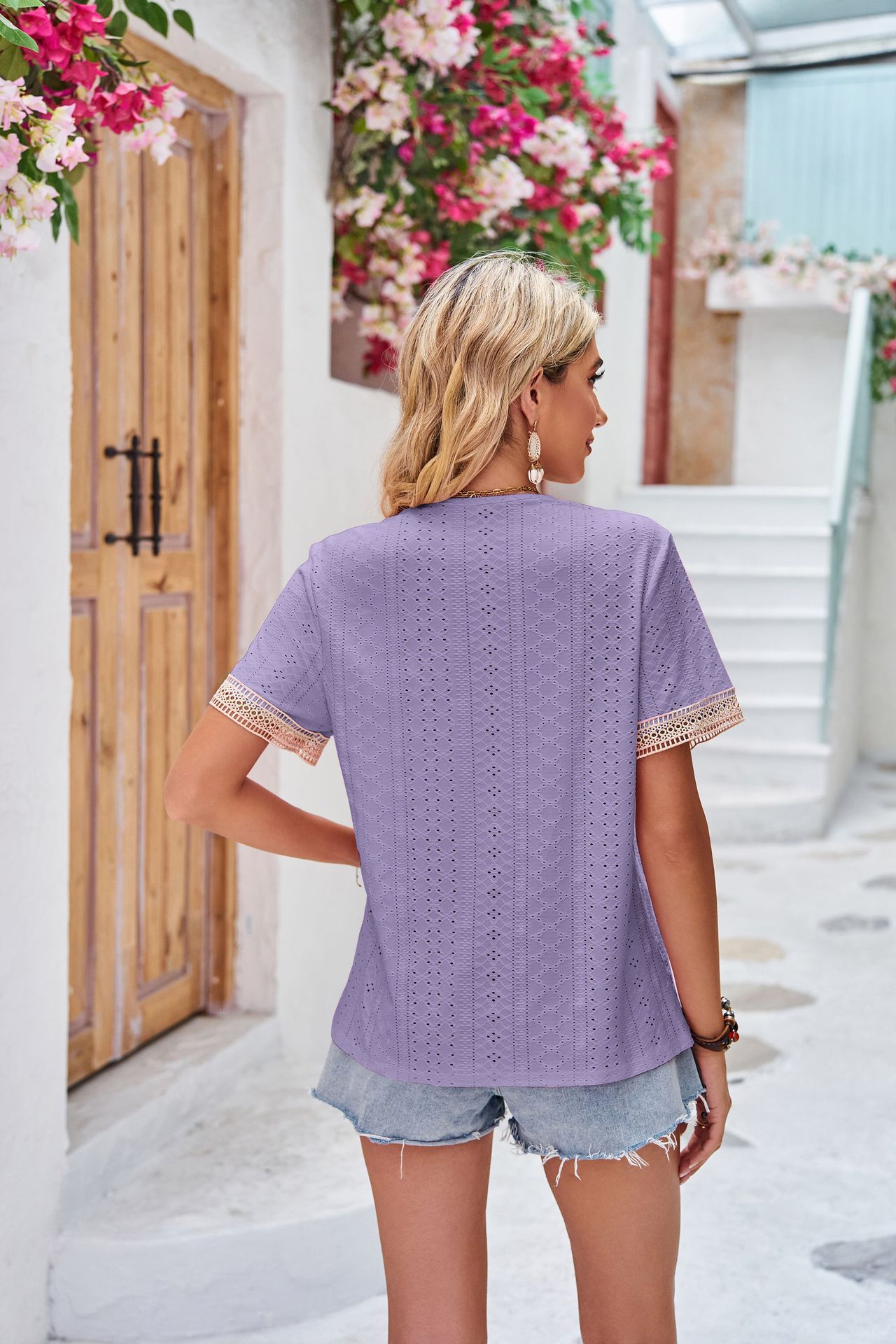 Damenbekleidung, Spitze, gespleißt, V-Ausschnitt, einfarbig, locker, kurzärmelig, Unterlage, T-Shirt_voghion.com