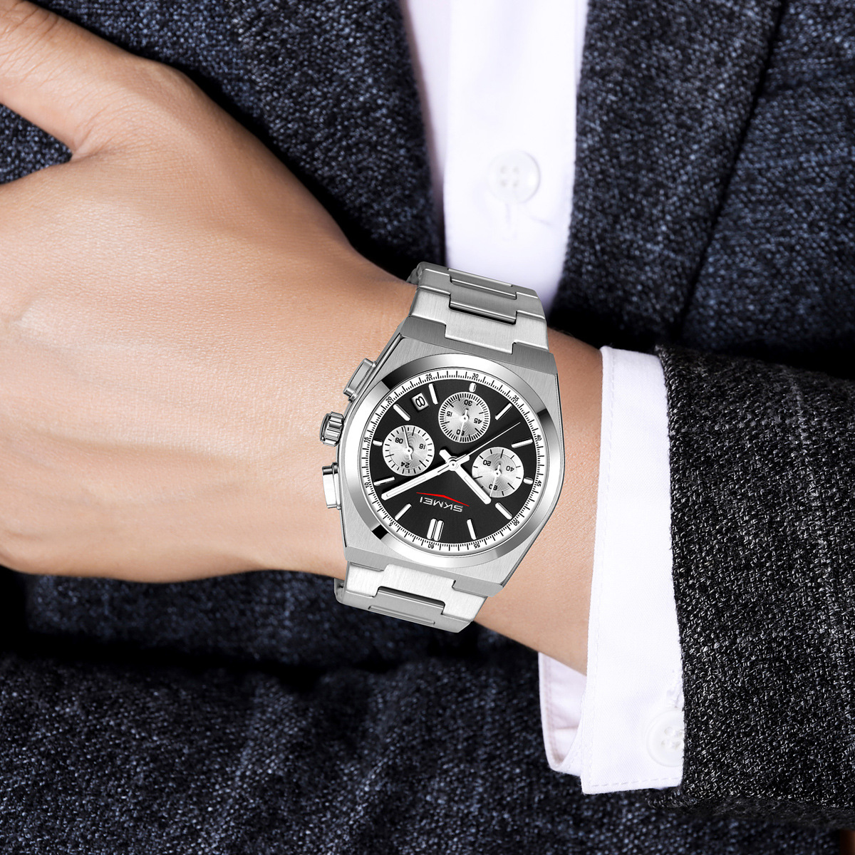 Momento de belleza multifuncional cronógrafo hombre correa de acero reloj de negocios impermeable calendario único reloj de cuarzo transfronterizo al por mayor