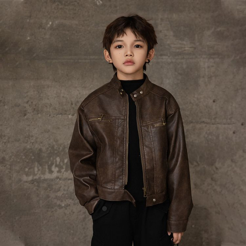 Boys' Jacket Spring and Autumn 2025 New Style American Retro Leather Motorcycle Jacket Children's Leather Coat Trendy