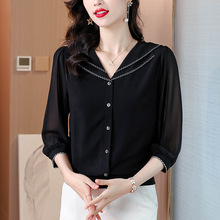 海军领雪纺衬衫女2025年新款小衫遮肚子显瘦中袖上衣女七分袖衬衣