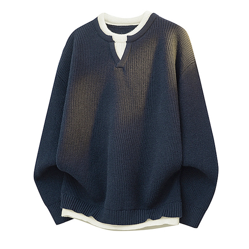 Explosiones transfronterizas de tamaño grande europeo falso dos piezas de costura camiseta de punto suéter hombre cuello V viejo viento otoño invierno fábrica al por mayor