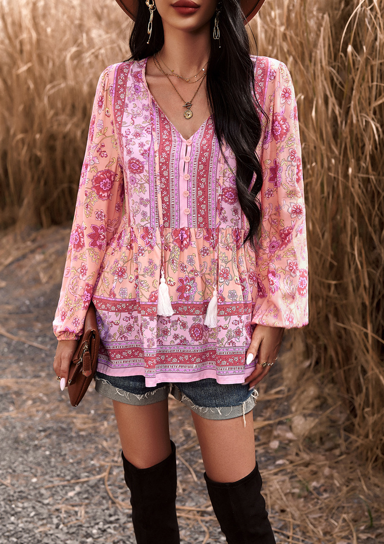 Women's Blouse Long Sleeve Blouses Printing Button Simple Style Flower display picture 1