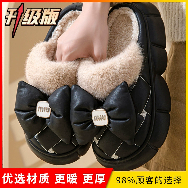 Зимние женские хлопковые тапочки на толстой подошве с бантиком, которые можно носить на улице, для теплотехнического и увеличения, нескользящие, в наличии, оптом, трансграничные, утолщенные и теплые.