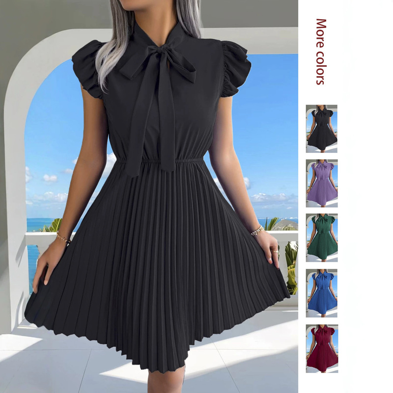 2026 Summer European and American Style Tie-Neck Bowknot Dress with Flutter Sleeves, Waist-Cinching, Slimming, Pleated A-Line Dress
