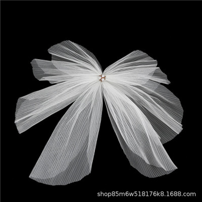 新娘头饰白色大蝴蝶结压褶纱轻婚纱礼服造型儿童派对旅拍照小头纱