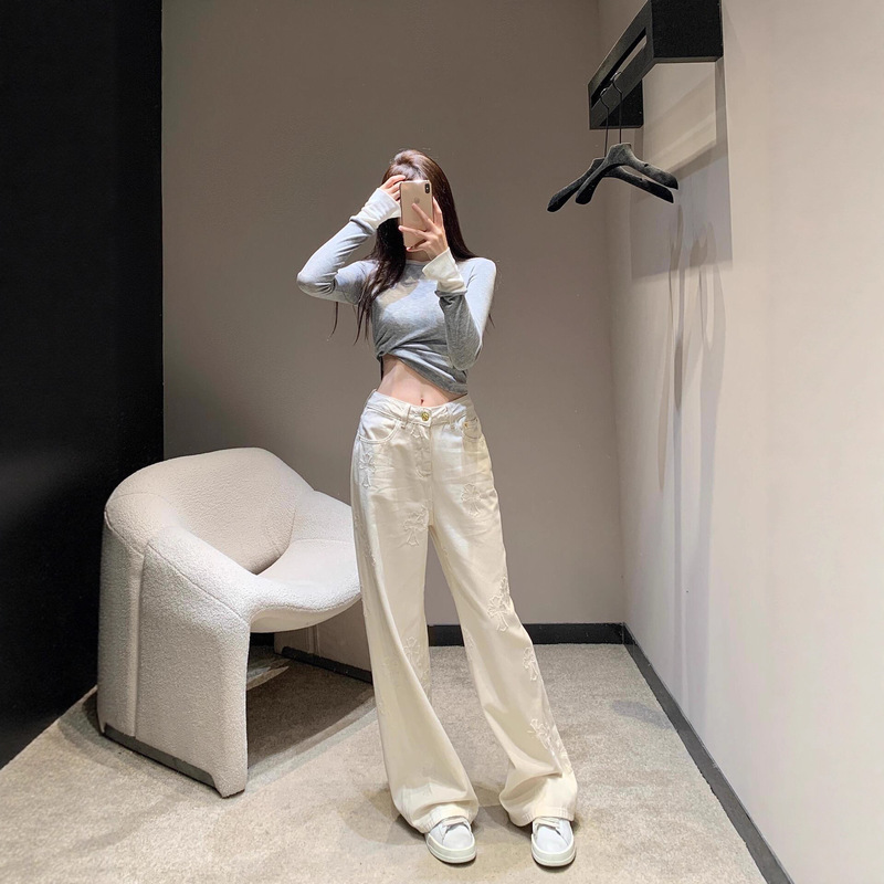 高品质~25新款口袋直筒常规款牛仔裤高腰显瘦女宽松阔腿拖地长裤|undefined