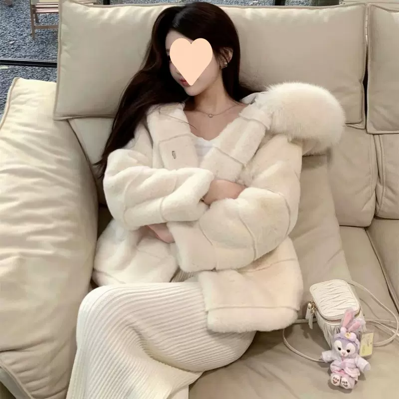 初雪降临环保丹麦貂皮外套女连帽中长款毛领皮毛毛绒大衣女