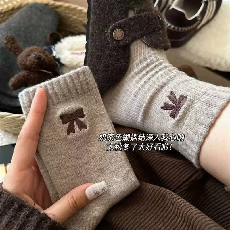 Bowknot Socks for Women, Autumn and Winter Korean Style, Warm Velvet Retro Mid-Calf Socks, Coffee Color Women's Socks, Mid-Calf Slouch Socks