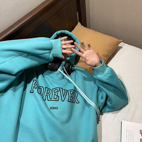 Korean-style trendy hooded sweatshirt with fleece lining, extra-thick design—men's loose-fit streetwear pullover for autumn, perfect as a student jacket or everyday top.