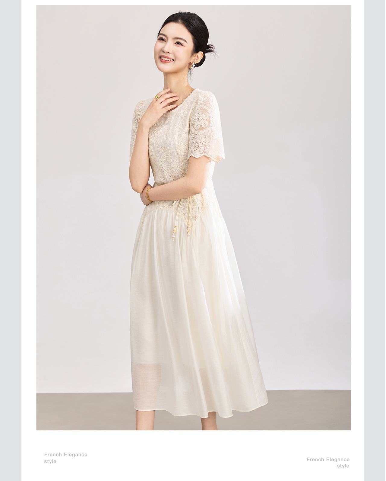 Đầm nữ tay ngắn thêu sequin cotton, thắt lưng eo phong cách Pháp — màu mơ chi tiết 8