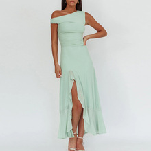 2025欧美跨境新品夏季高端气质简约性感纯色开叉修身连衣裙女批发