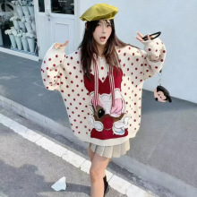 秋季新款慵懒风波点套头针织毛衣韩系甜美唐老鸭图案连帽宽松上衣