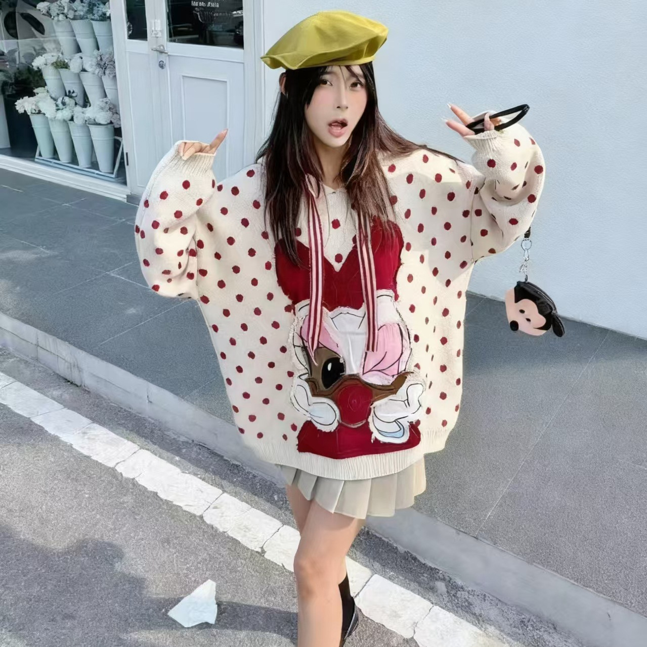 秋季新款慵懒风波点套头针织毛衣韩系甜美唐老鸭图案连帽宽松上衣
