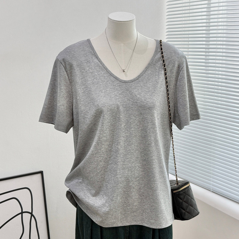 Lyocell Tencel Wool T-Shirt for Women, U-Neck, Summer Thin Slim-Fit Regular Shoulder Short-Sleeve Versatile Korean Style Simple Base Top