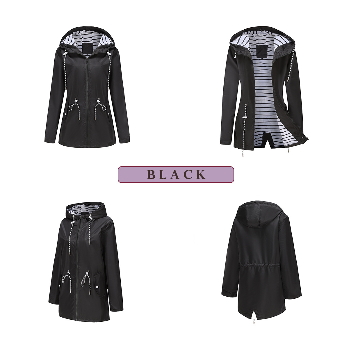2024 New Long sleeved Anti splash Mid length Windbreaker Hooded Striped Raincoat Large Women's Wear_voghion.com