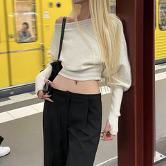 槿一 软糯一字肩毛衣宽松慵懒短款套头针织衫女秋冬小众辣妹纯欲