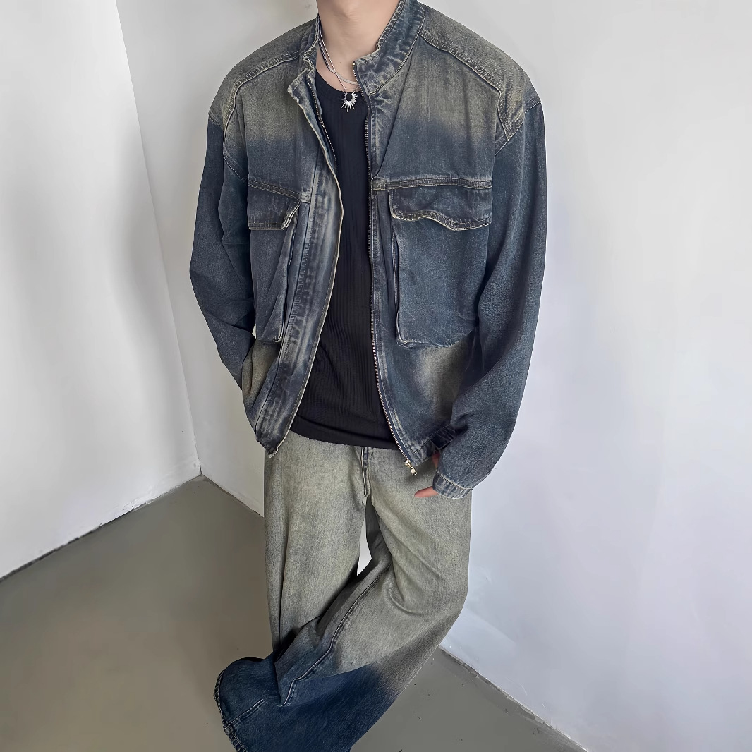 Otoño 2023 nostálgico azul retro flojo gran bolsillo del collar soporte Denim coat hombres casual zipper chaqueta de moda superior