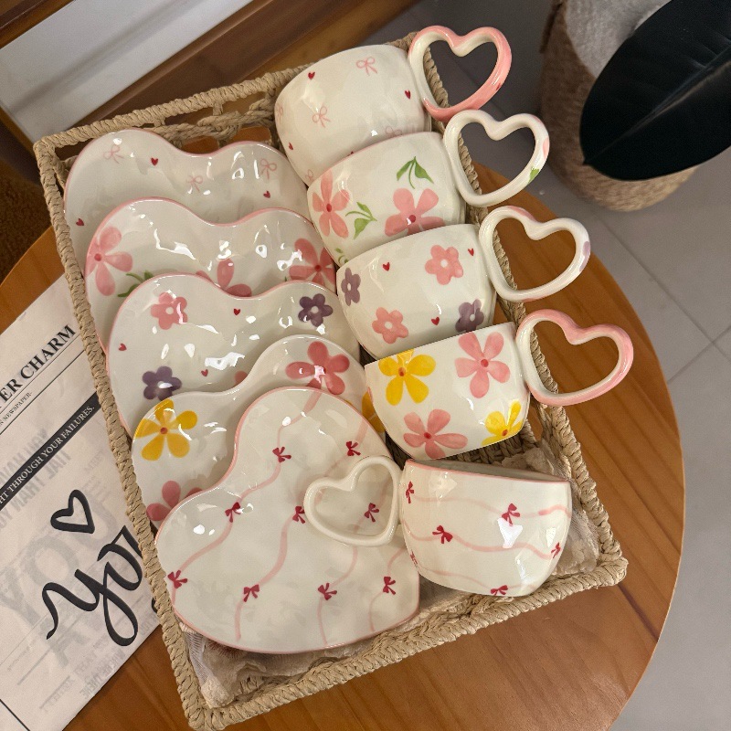 Estilo coreano ins mano cerámica taza de café plato amor mango arco amor taza de cerámica comercio electrónico transfronterizo image 2