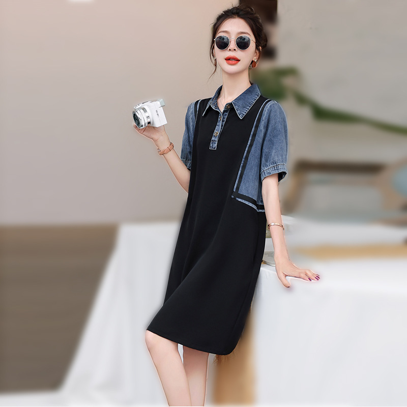 Papaya Milk Summer New Fashionable Korean Style Loose Simple Elegant Stitching Short Sleeve Denim Dress for Women Papaya Milk Summer New Fashionable Korean Style Loose Simple Elegant Stitching Short Sleeve Denim Dress for Women
