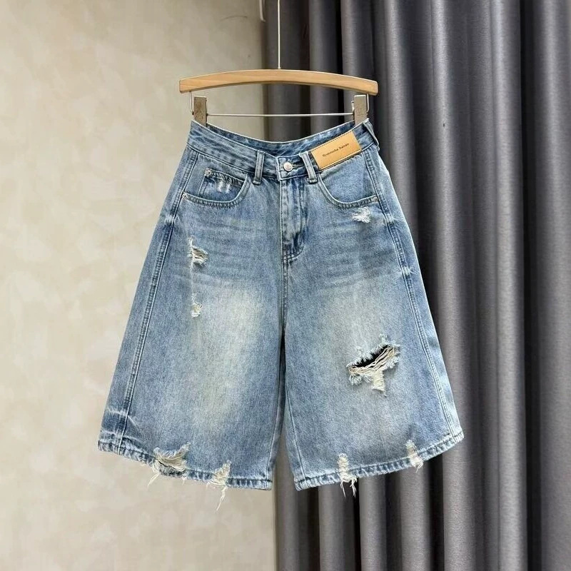 Vintage Ripped High-Waisted Wide-Leg Denim Shorts for Women, Summer Light Blue Loose Slimming Casual Straight Mid-Length Shorts Vintage Ripped High-Waisted Wide-Leg Denim Shorts for Women, Summer Light Blue Loose Slimming Casual Straight Mid-Length Shorts