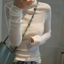 精纺薄款羊毛衫女堆堆高领套头修身毛衣微透内搭羊绒全色针织衫潮