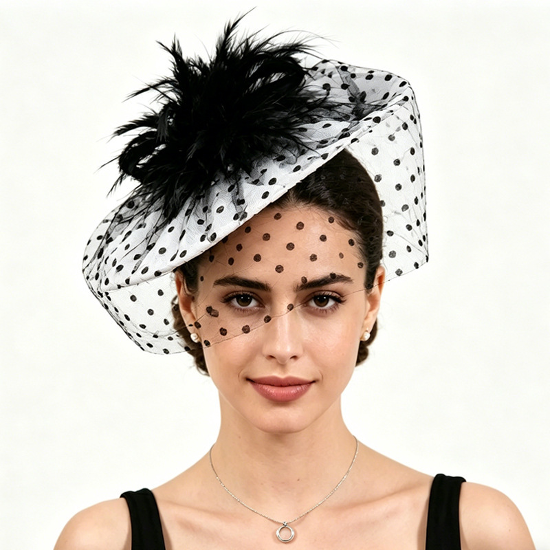 Bride's Vintage Polka Dot Mesh Hat, Luxurious Feather Veil Headpiece, Party and Horse Racing Accessory Wholesale
