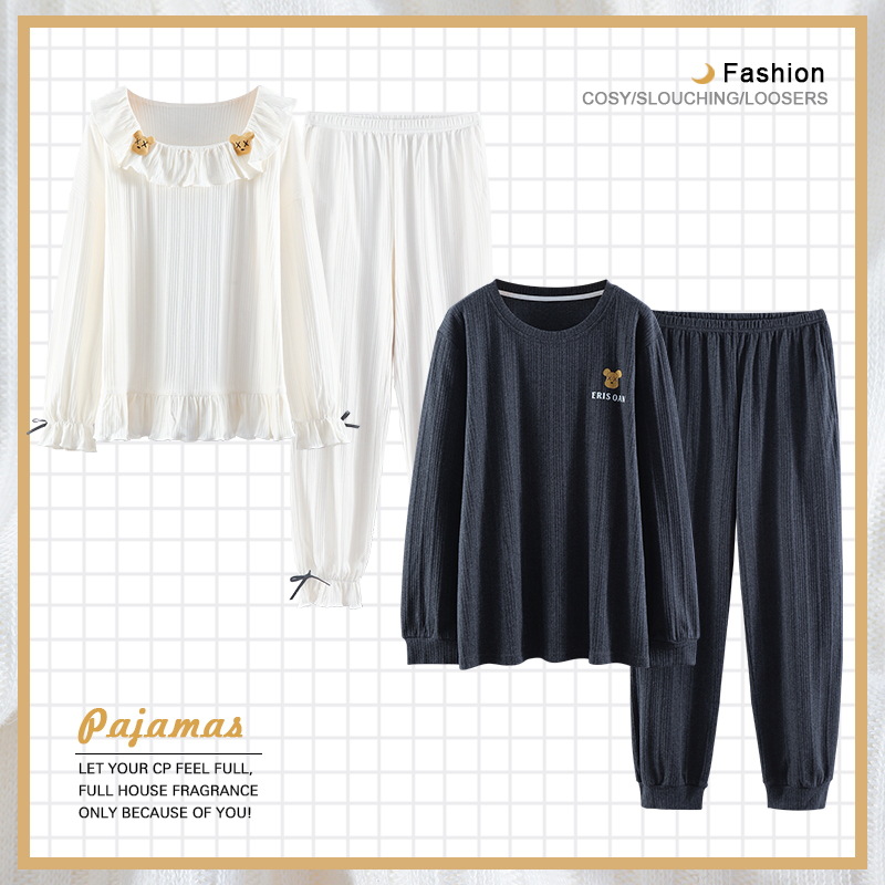 Pareja pijamas de algodón manga larga Otoño e Invierno traje los hombres color sólido flojo ocasional más tamaño vestir prendas exteriores homewear